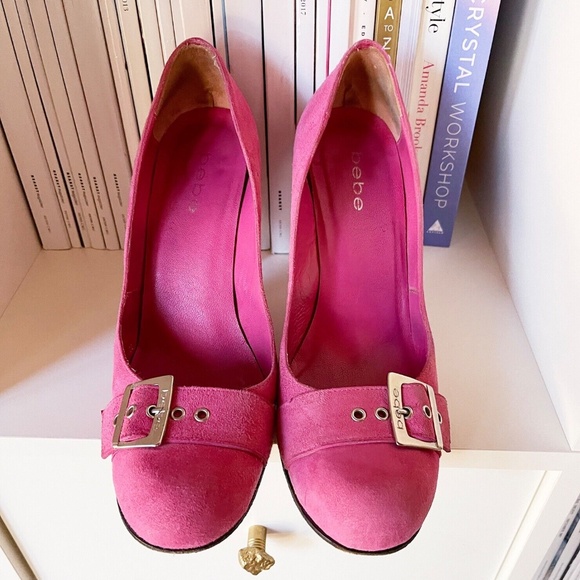 Barbie HOT PINK suede BeBe pumps heels shoes silver buckle round toe Y2K US W 9 - Picture 1 of 13